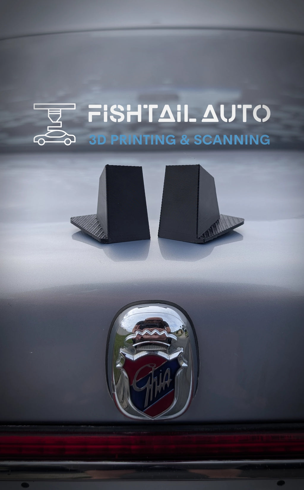 Car with Fishtail Auto 3D printing and scanning services logo on a white background and the FTA3DP-F-FL-TLRS product on display