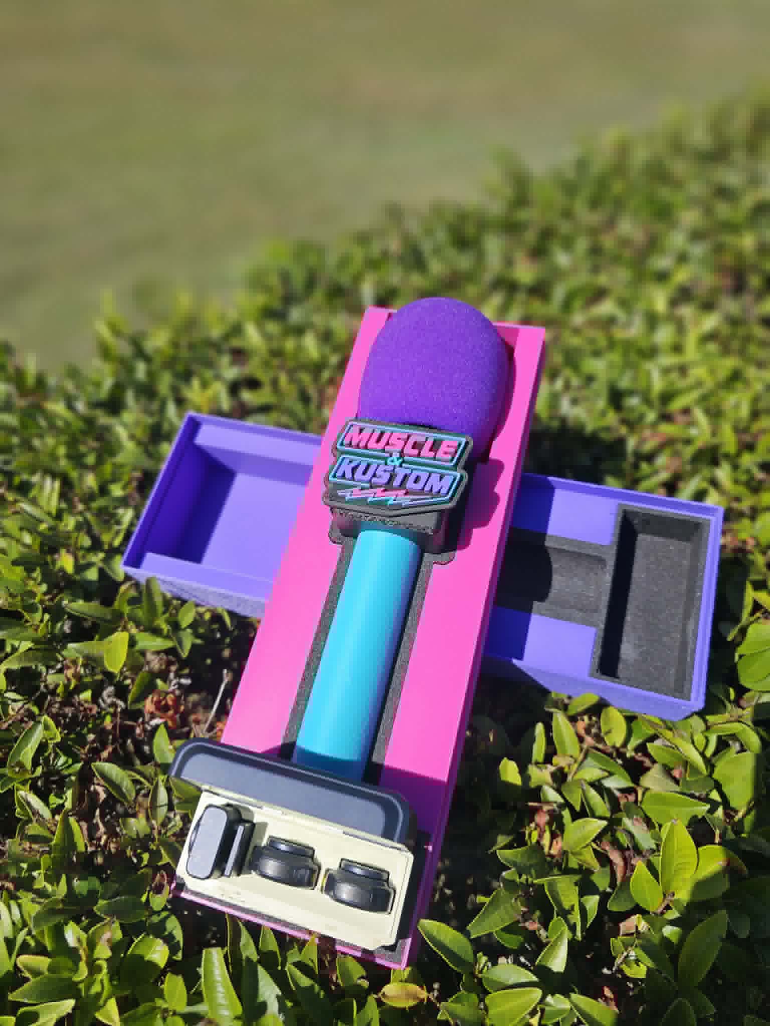 Custom Branded 3D Printed Button Microphone Holder in Pink and Purple with Muscle and Kustom logo 