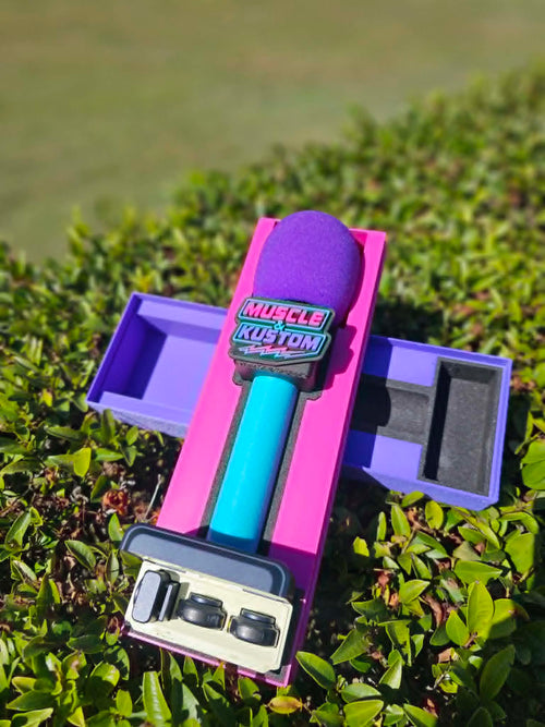 Custom Branded 3D Printed Button Microphone Holder in Pink and Purple with Muscle and Kustom logo 