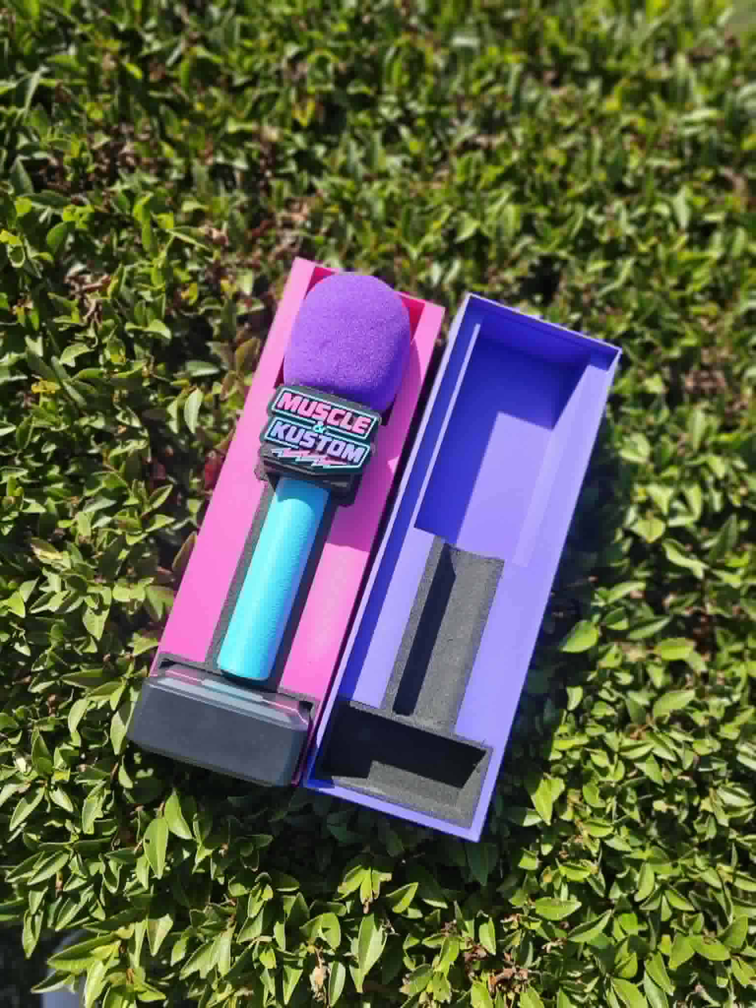 Custom Branded 3D Printed Button Microphone Holder in Pink and Purple with Muscle and Kustom logo 