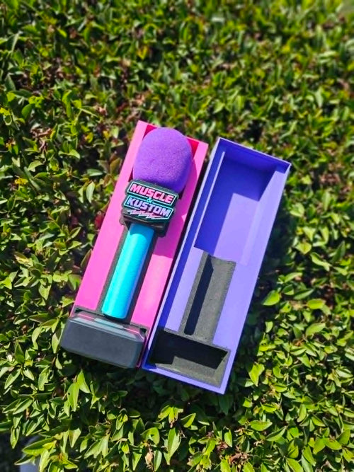 Custom Branded 3D Printed Button Microphone Holder in Pink and Purple with Muscle and Kustom logo 