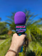 Custom Branded 3D Printed Button Microphone Holder in Pink and Purple with Muscle and Kustom logo 