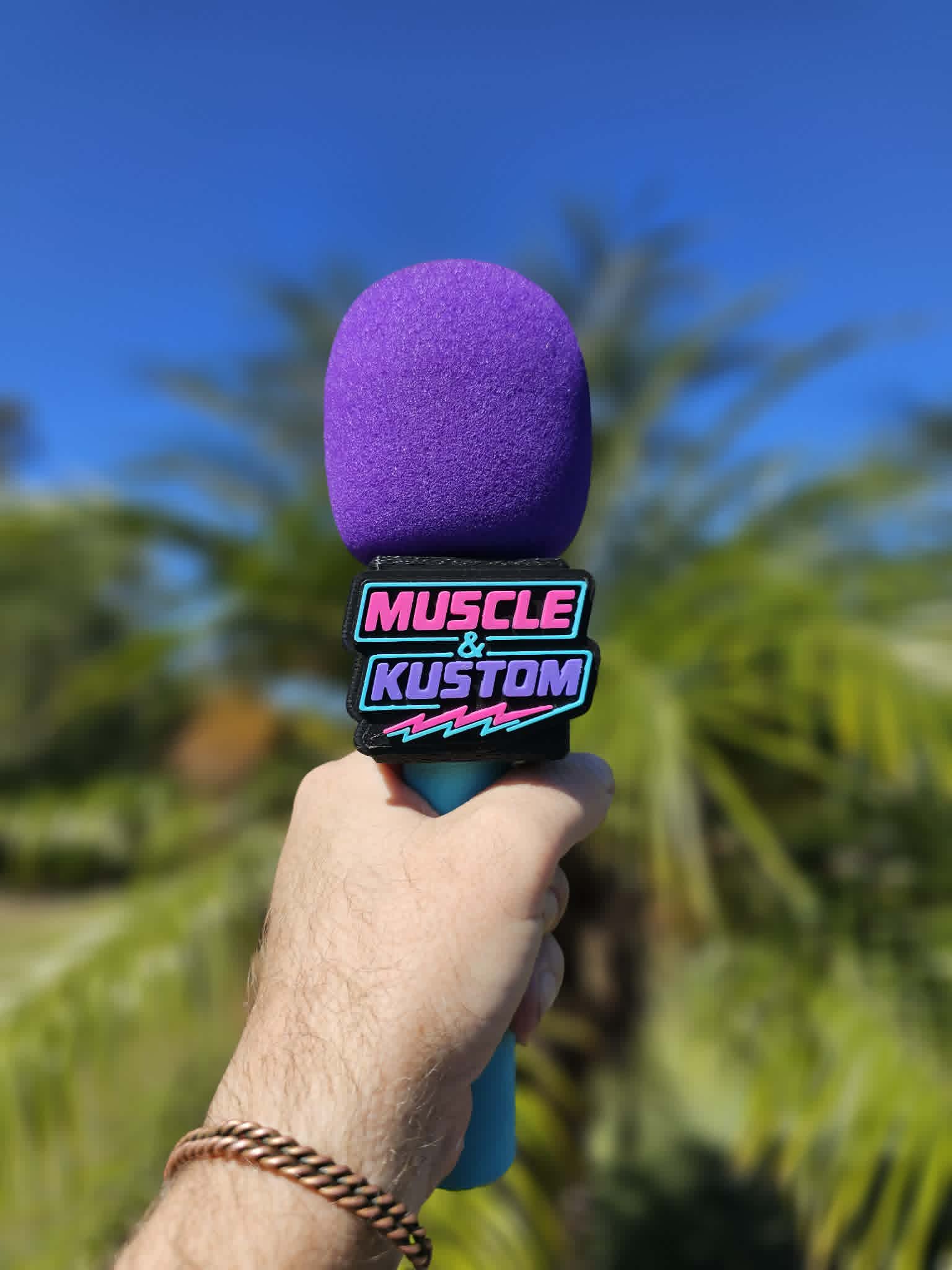 Custom Branded 3D Printed Button Microphone Holder in Pink and Purple with Muscle and Kustom logo 