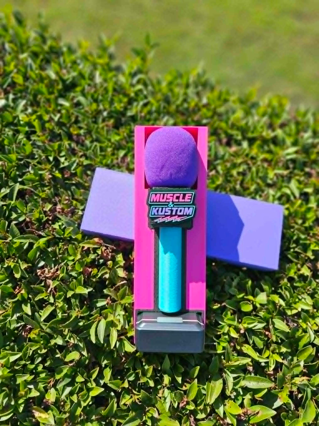 Custom Branded 3D Printed Button Microphone Holder in Pink and Purple with Muscle and Kustom logo 