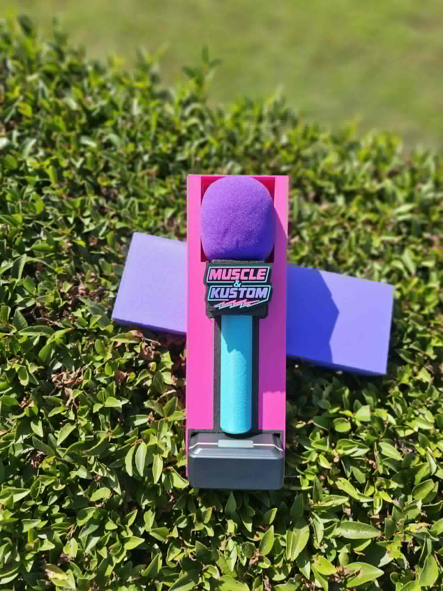 Custom Branded 3D Printed Button Microphone Holder in Pink and Purple with Muscle and Kustom logo 