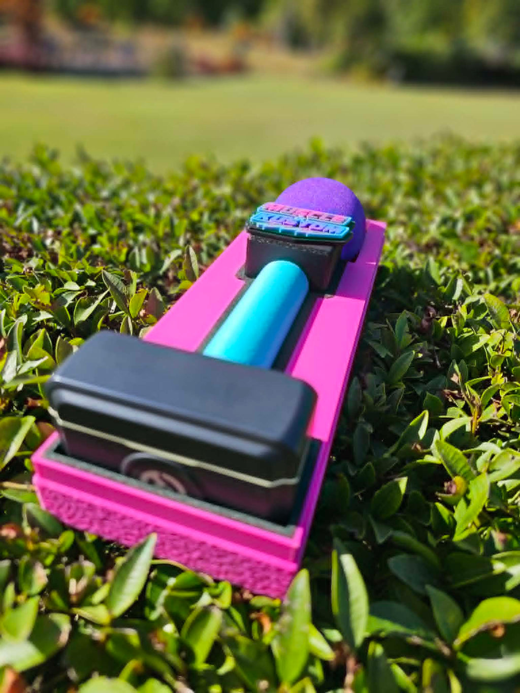 Custom Branded 3D Printed Button Microphone Holder in Pink and Purple with Muscle and Kustom logo 