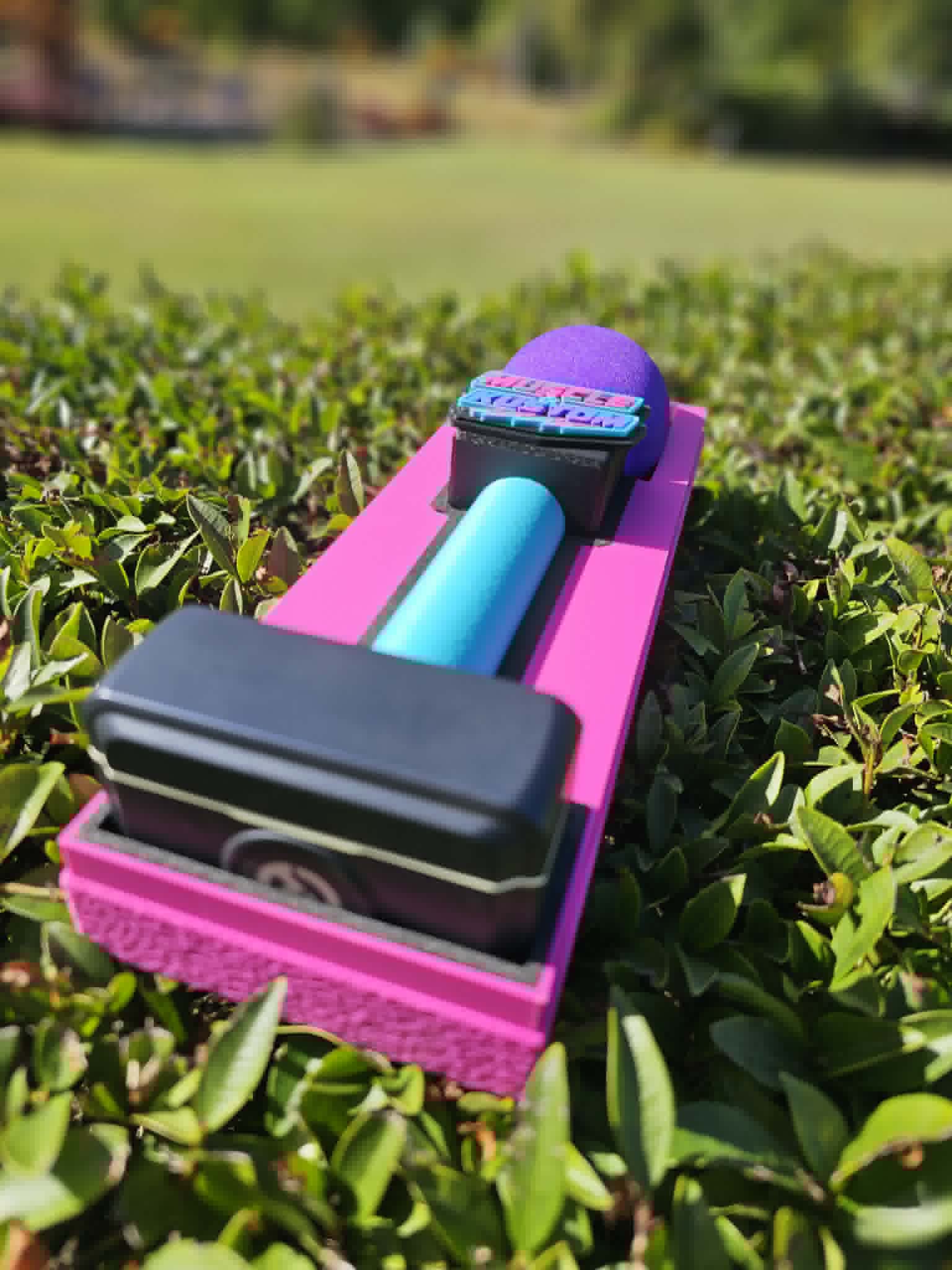 Custom Branded 3D Printed Button Microphone Holder in Pink and Purple with Muscle and Kustom logo 
